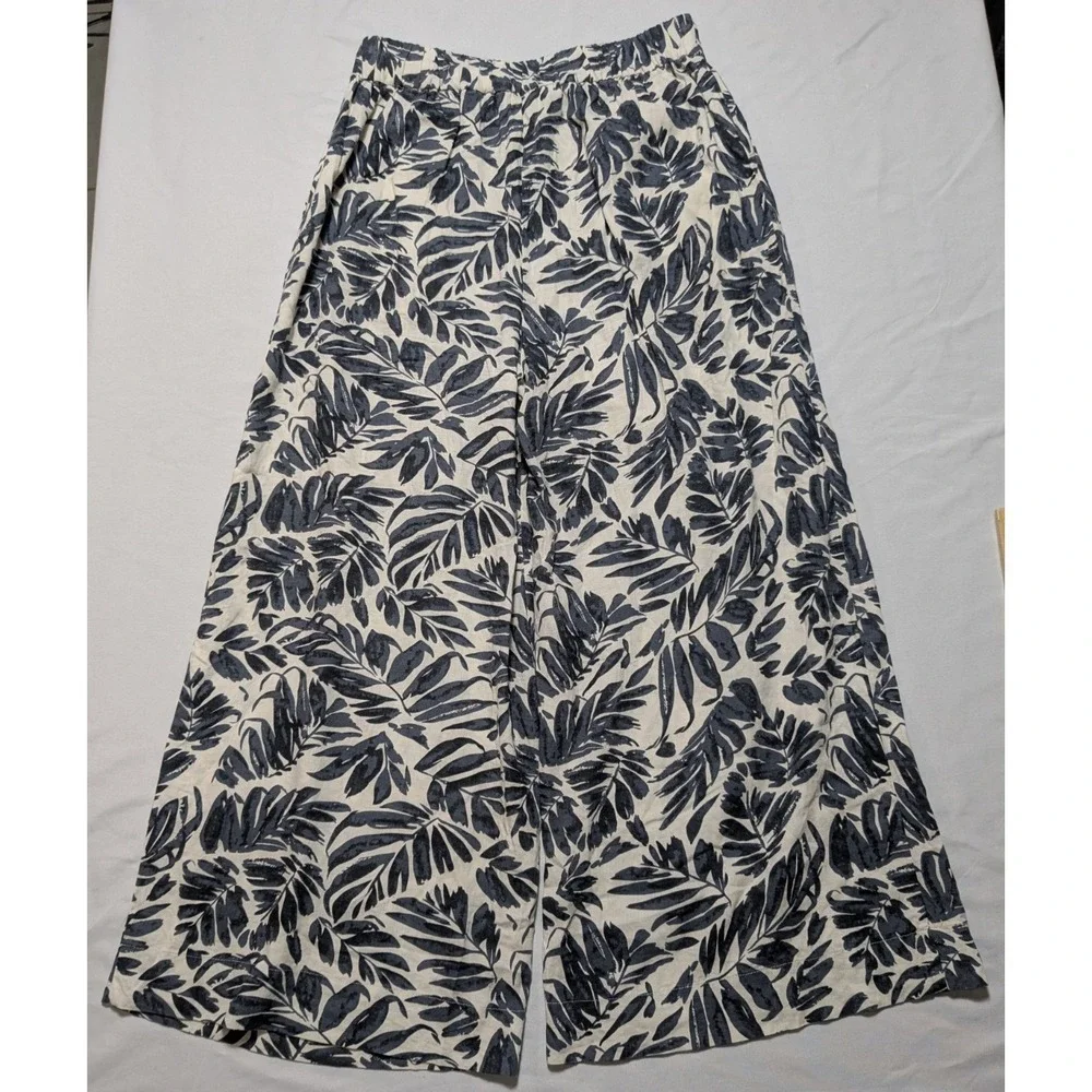MNG MANGO Women Small Blue Ivory Linen Blend‎ AOP Pull-on Wide-Leg Cropped Pants